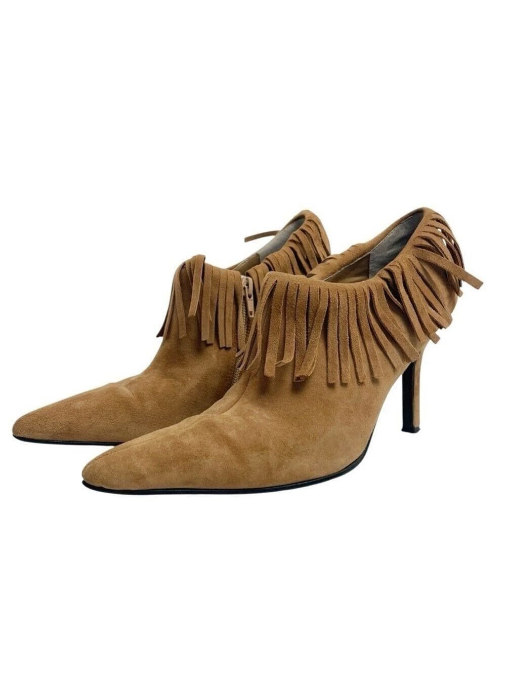 Vintage 2000s BP Tan Suede Fringe Pointed Toe Stiletto Booties Size 7M
